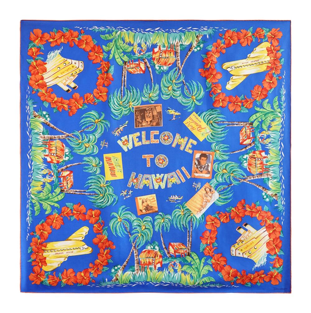 90s Dolce & Gabbana “Welcome to Hawaii” Hula Post Card Novelty Print Silk Scarf